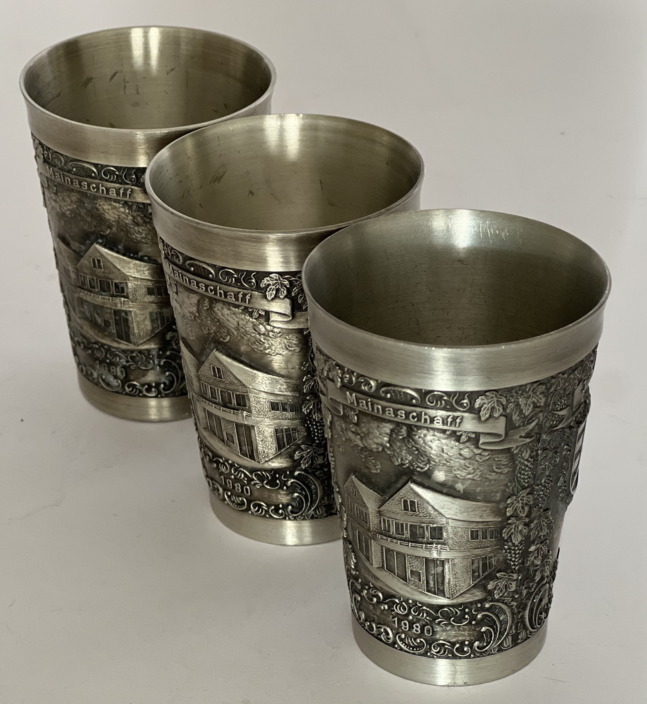 Antique Zinn-becker Embossed Pewter Cups, Three Collectible German