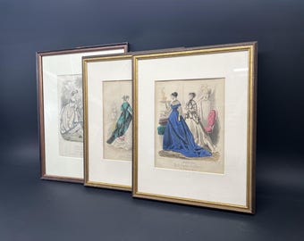 Litografie di moda francesi antiche, anni 1860, colorate a mano, La Mode Illustrée, incorniciate, Parigi vittoriana, set di 3
