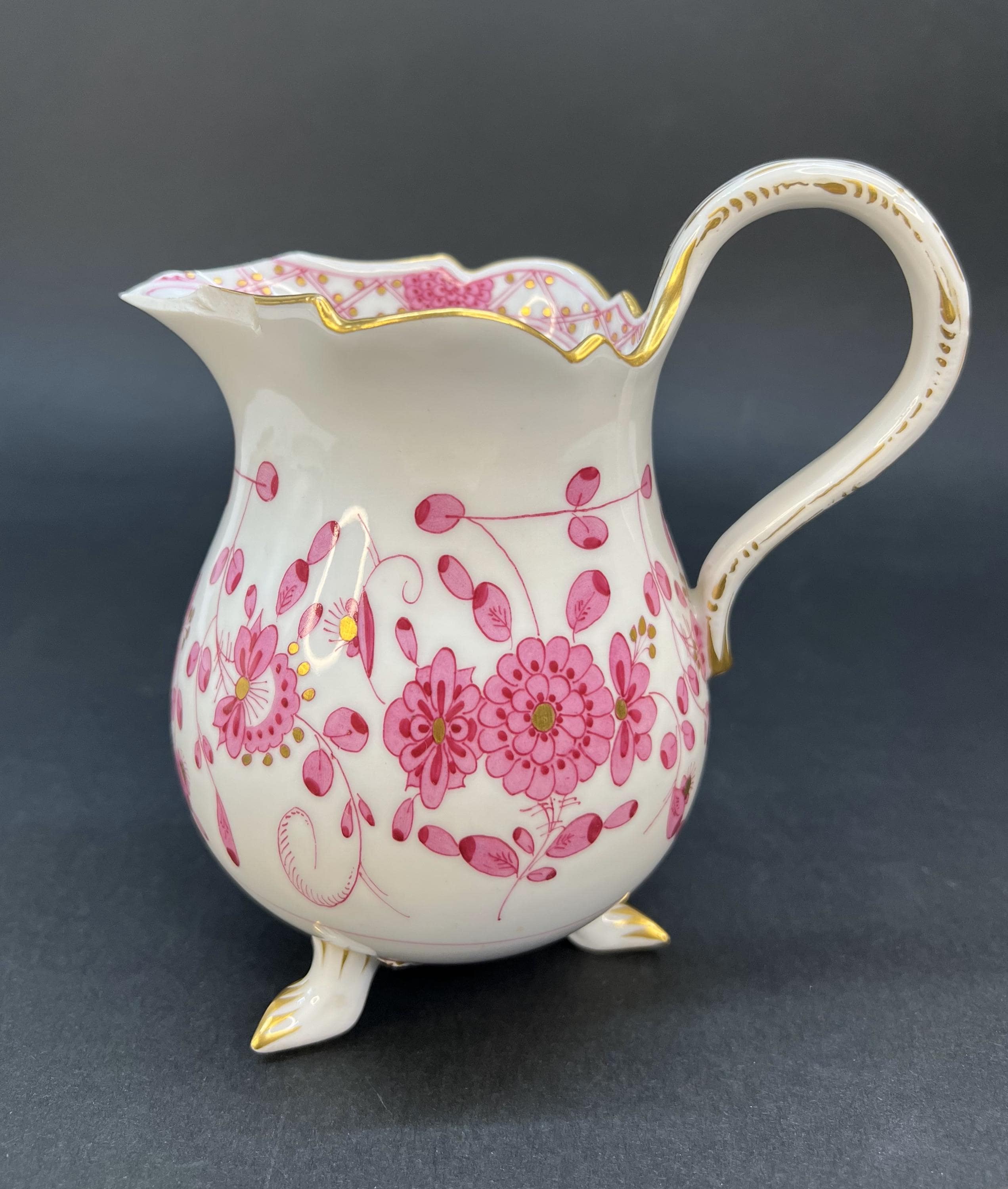 Rare Large 19th C. Meissen Creamer on Feet, Indian Flowers in Pink