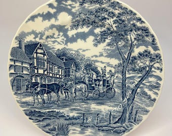 Vintage English dinner plate Royal Mail Blue 10&quot;, made by Royal Wessex, coach scene, 80s.