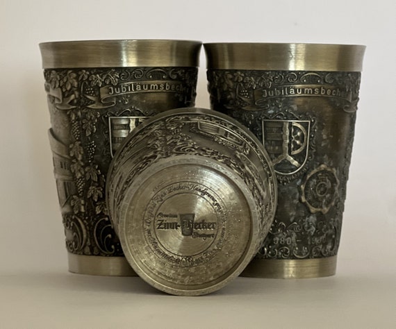 Antique Zinn-becker Embossed Pewter Cups, Three Collectible German