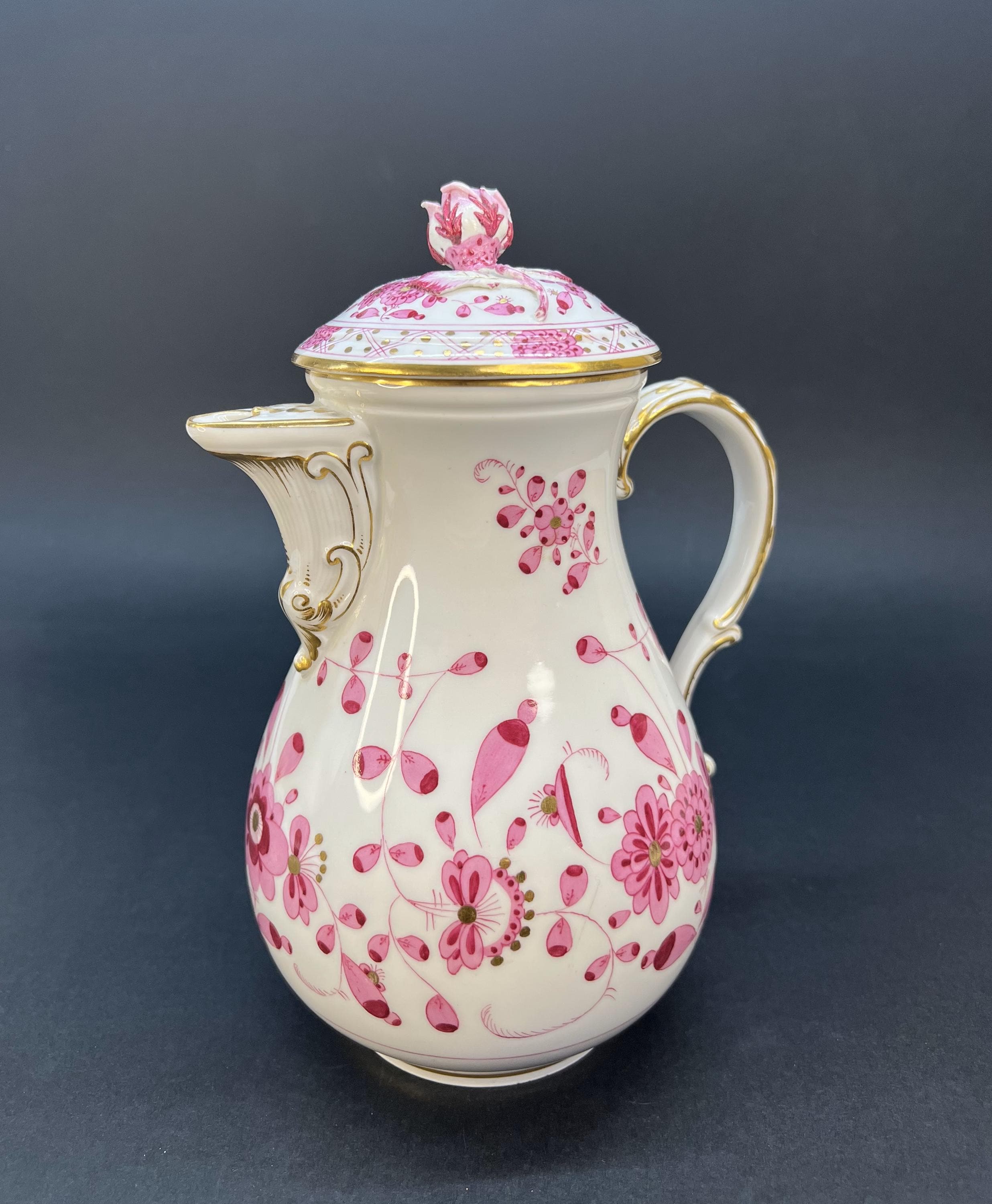 Large 19th C. Meissen Porcelain Pitcher With Lid in Rare Pink