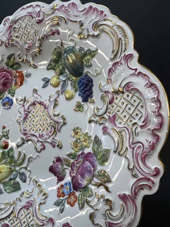 Luxury Meissen Gilt Porcelain Plate, Hand Painted Flowers & Fruit