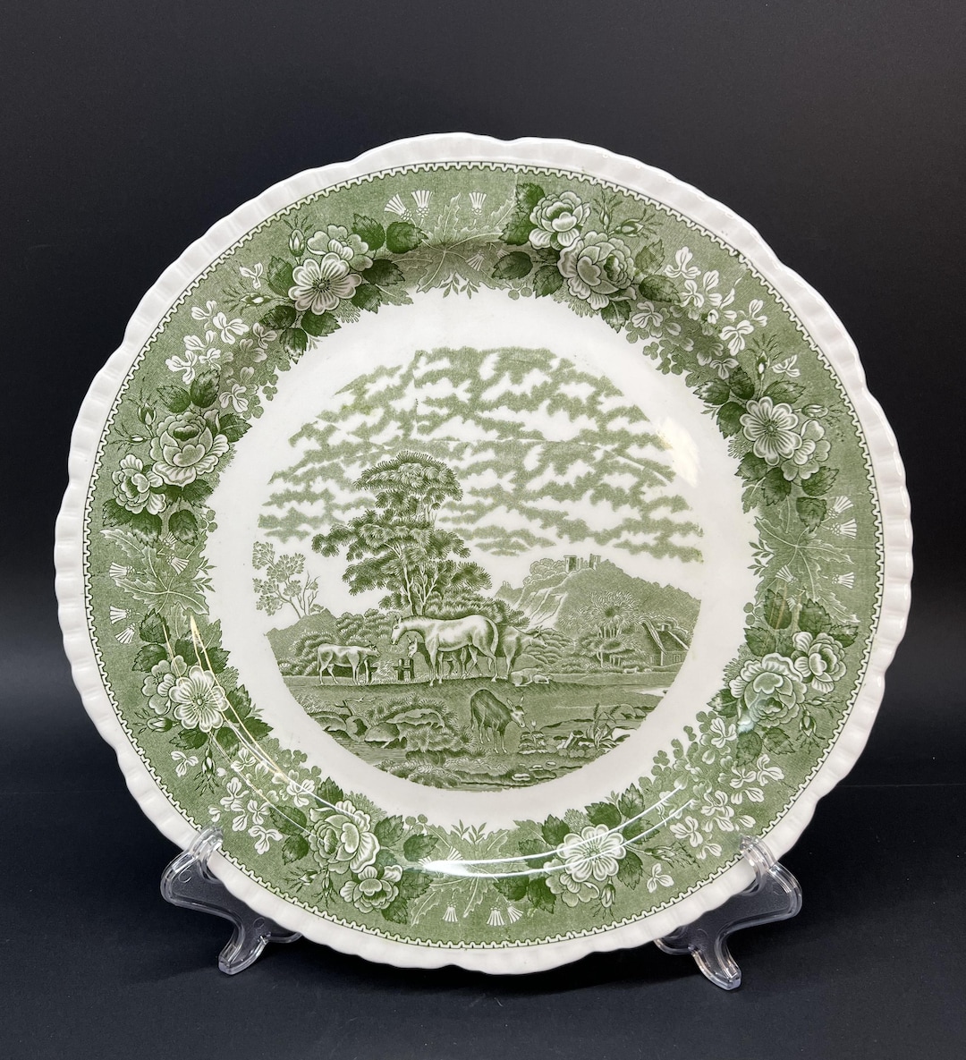 Adams English Scenic Green Plate 12.4” Ironstone, Horse Landscape