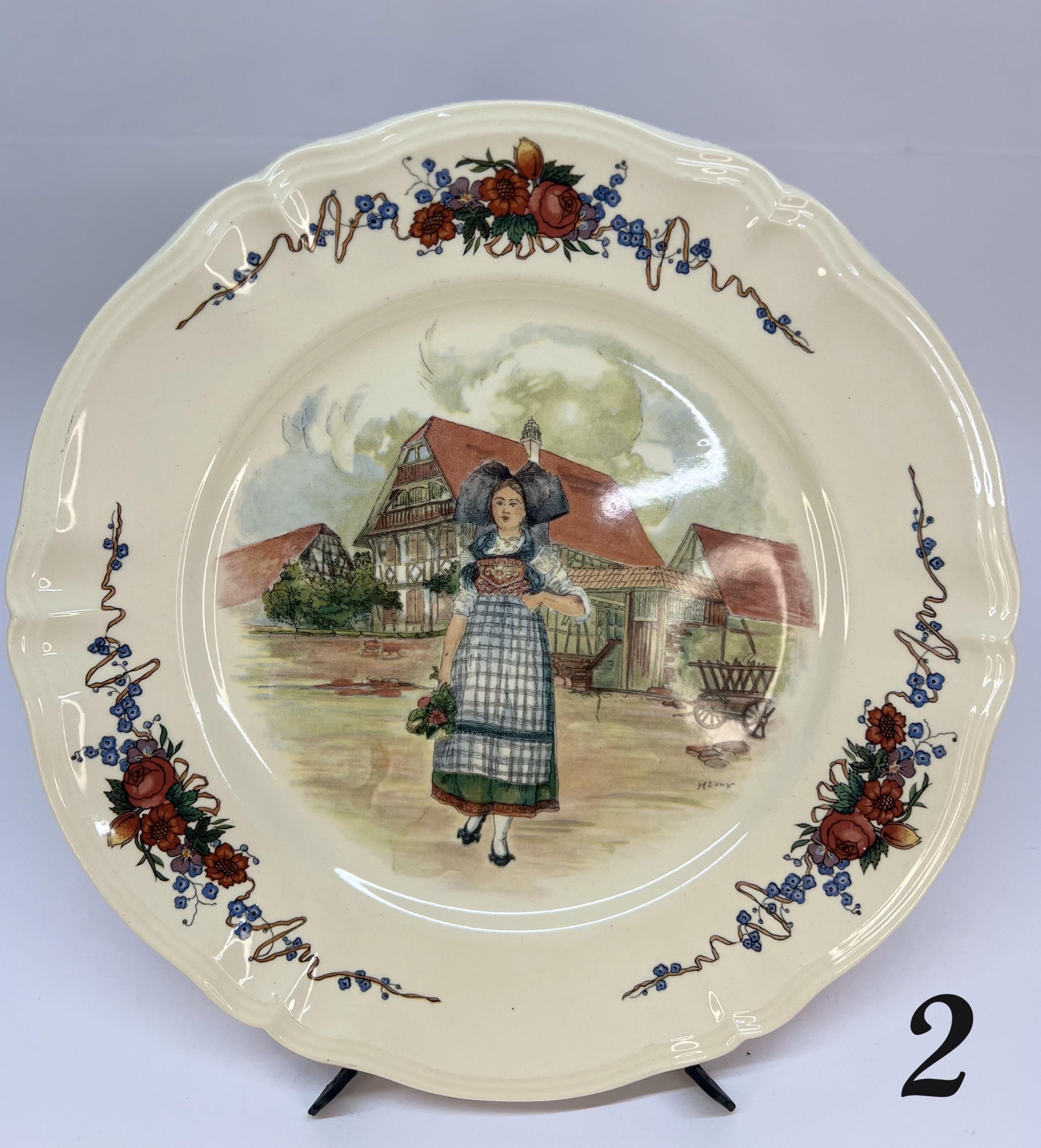 Round dishes of the "Obernai" faience series, from the Sarreguemines family manufactory from Alsace, illustrated by Henri Loux, France, 70s.