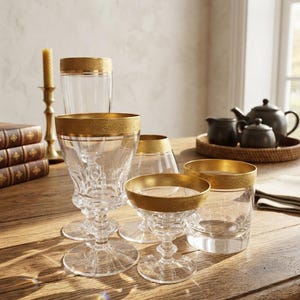 Vintage Theresienthal Mintonborte Kristallgläser-Set, 24-Karat-Goldrand, deutsche Luxus-Stielgläser aus den 1950er Jahren, verschiedene Sets zur Auswahl