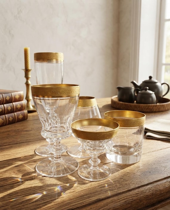 Vintage Theresienthal Mintonborte Kristallgläser-Set, 24-Karat-Goldrand, deutsche Luxus-Stielgläser aus den 1950er Jahren, verschiedene Sets zur Auswahl
