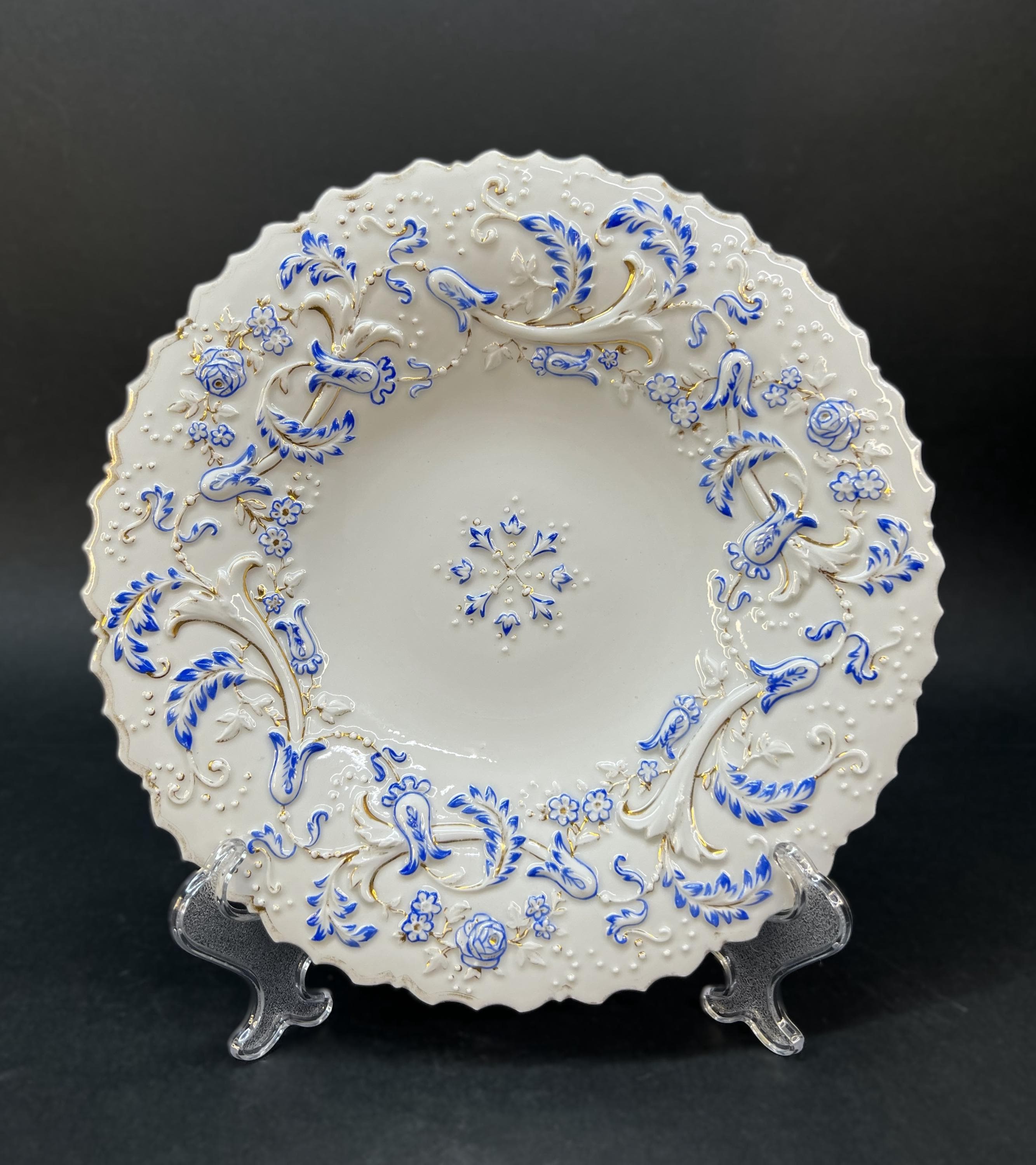 Antique Meissen Relief Plate, Hand-painted Blue & Gold Floral