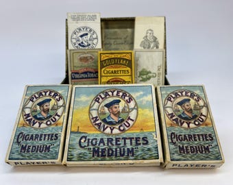 1930s cigarette packs Vintage Tin & Collection – Player's Navy Cut, Gold Flake, De Reszke, Queen Elizabeth II – Collectible Tobacco Memorabilia Early Cigarette Packs • Antique