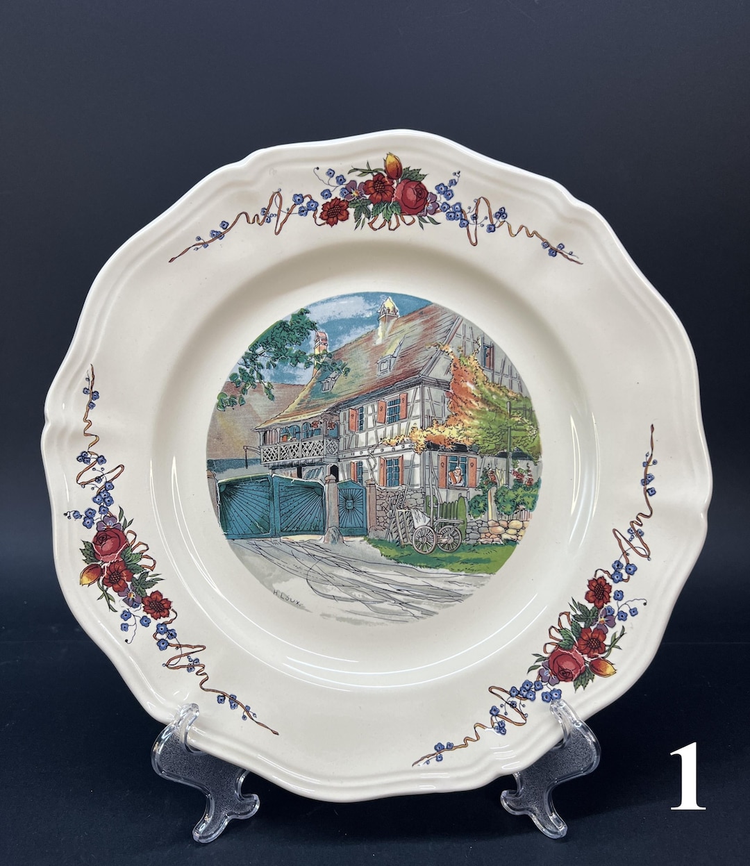 フランスSarreguemines ECLAT プレート　vintage Sarreguemines Obernai Plates, French Faience, Alsace Scenes