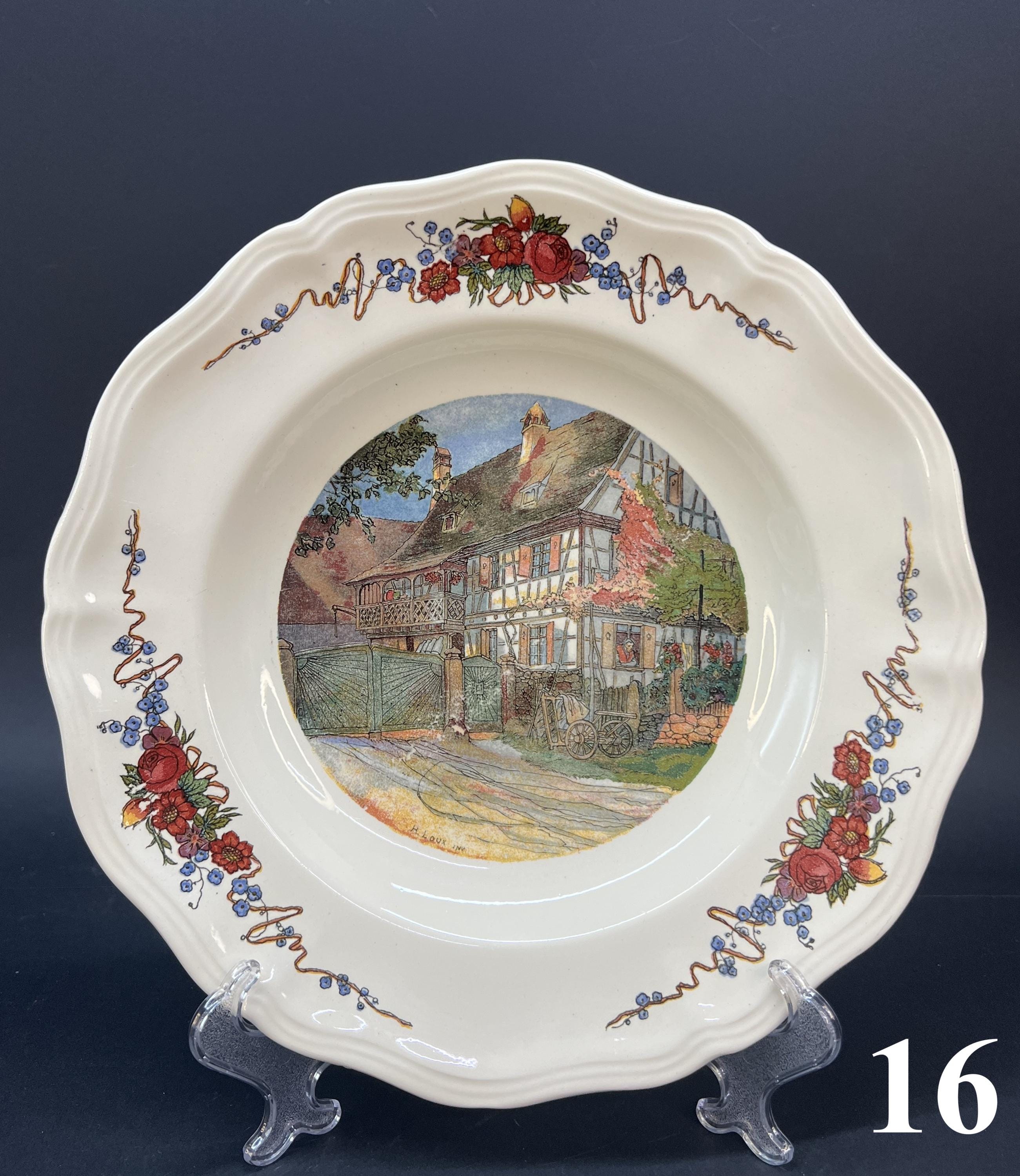 Sarreguemines Obernai Plates, French Faience, Alsace Scenes