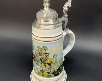 Vintage German porcelain beer stein with pewter lid & lithophane base, Alpine folk scene, hand-decorated, 9.8” tall