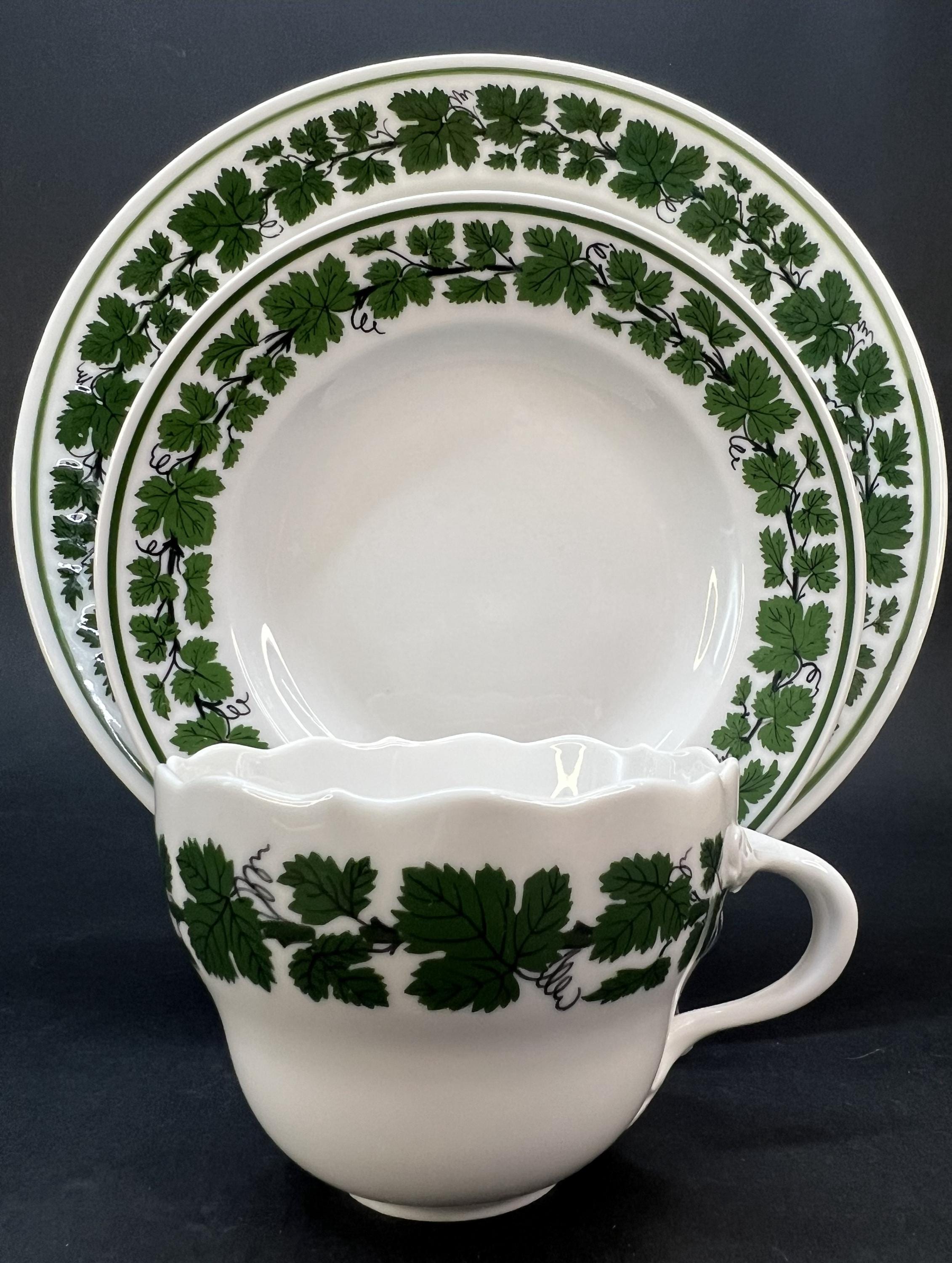 Meissen Green Ivy Tea Trio, 1952 Hand Painted Porcelain, Elegant