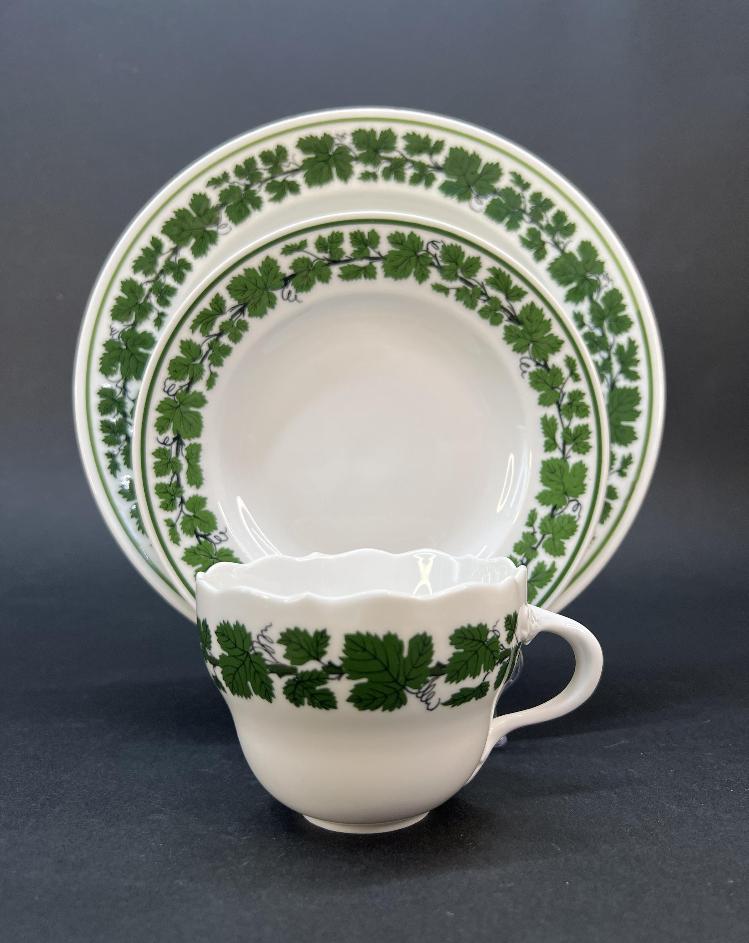 Meissen Green Ivy Tea Trio, 1952 Hand Painted Porcelain, Elegant
