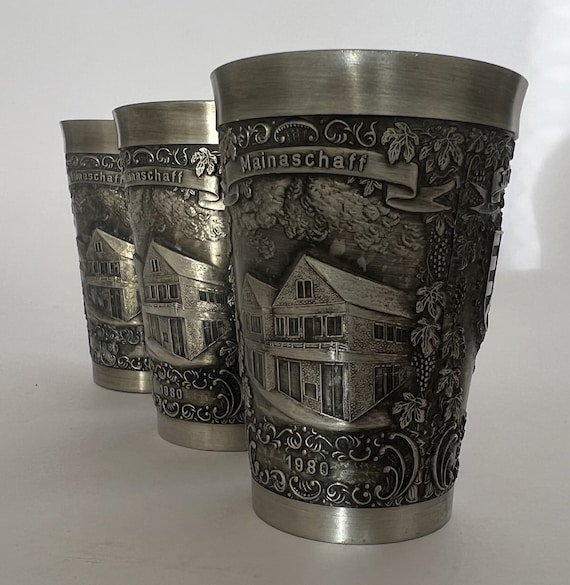 Antique Zinn-becker Embossed Pewter Cups, Three Collectible German