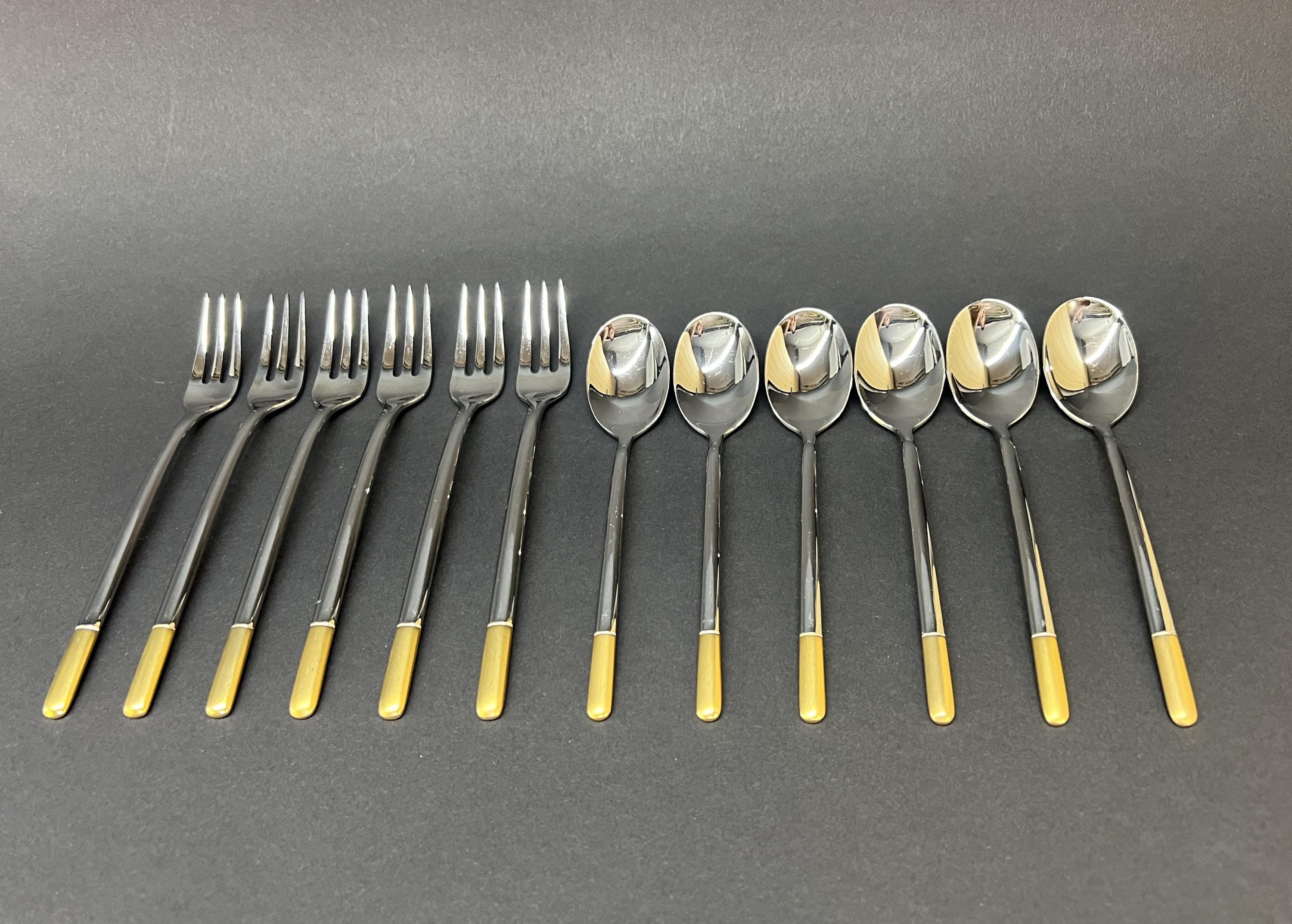 Vintage Villeroy & Boch Ella Dessert Flatware Set, 12 Pcs With Gold Accents, Elegant German Stainless Steel Cutlery