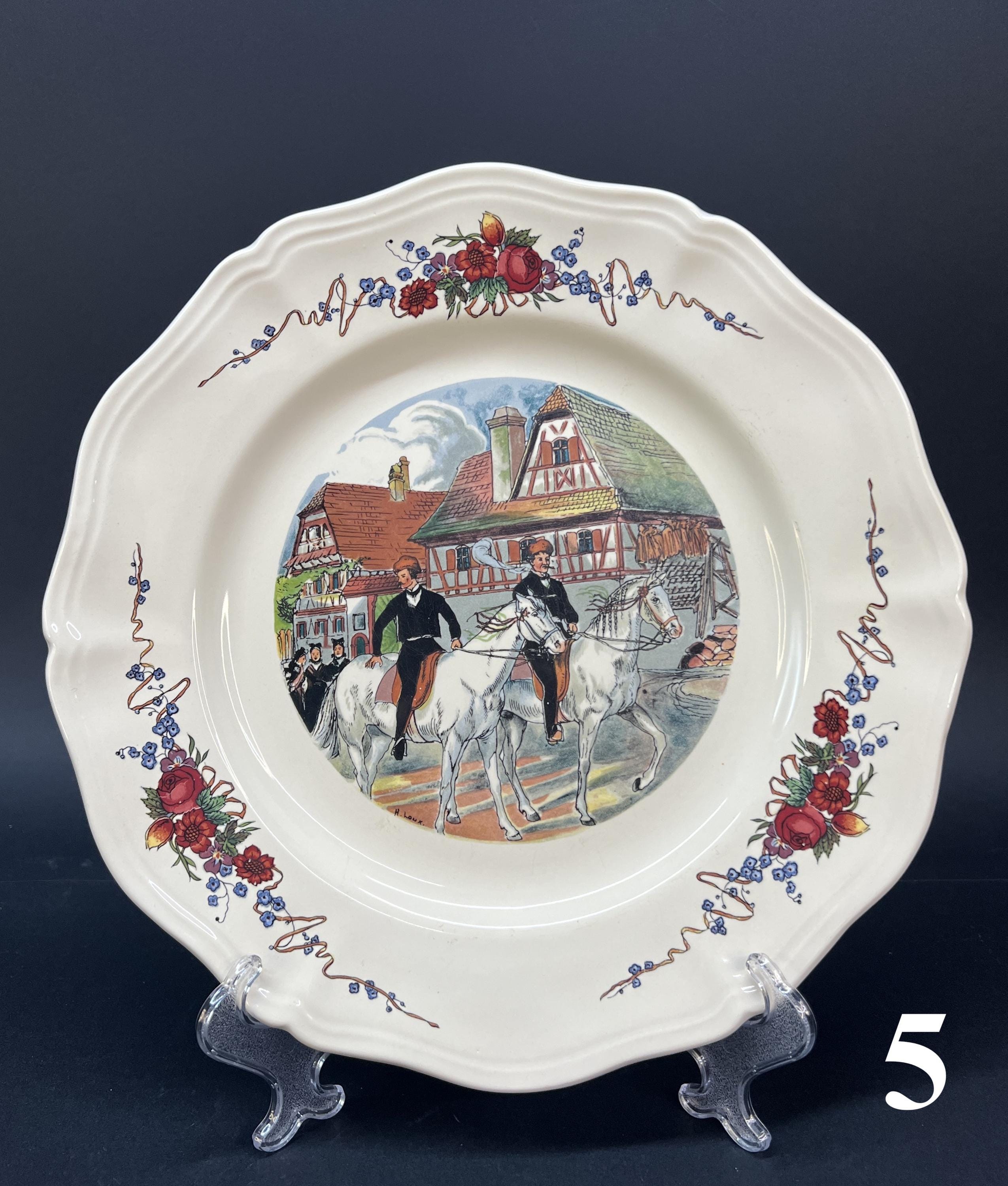 Sarreguemines Obernai Plates, French Faience, Alsace Scenes