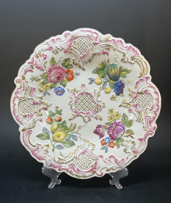 Luxury Meissen Gilt Porcelain Plate, Hand Painted Flowers & Fruit