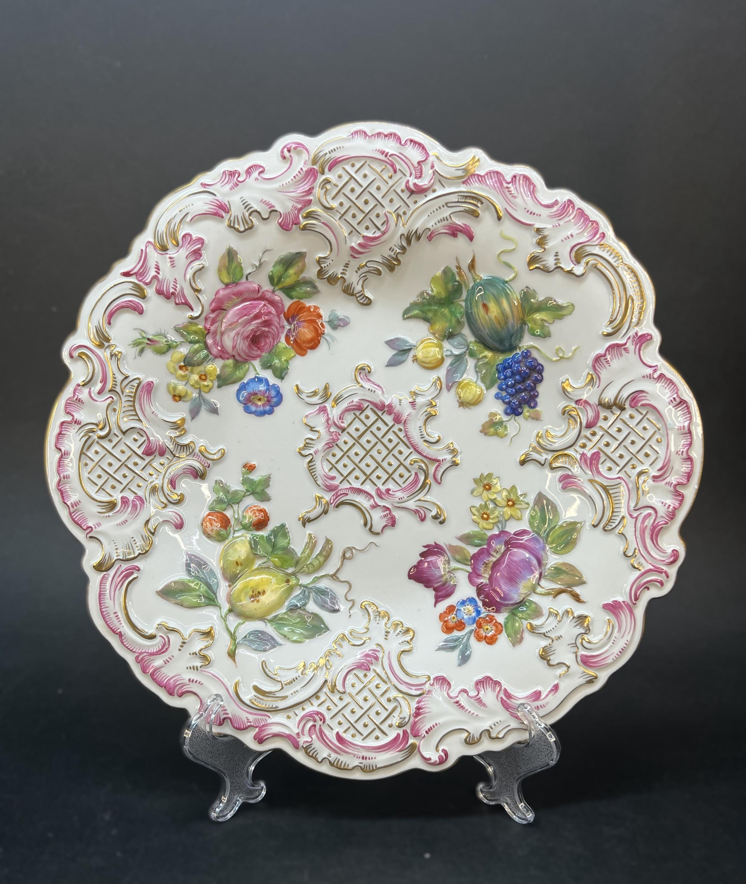 Luxury Meissen Gilt Porcelain Plate, Hand Painted Flowers & Fruit Luxury Meissen Gilt Porcelain Plate, Hand Painted Flowers & Fruit