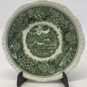 Vajilla vintage Adams, Staffordshire, Reino Unido, años 70. "English Scenic - Green", Ironstone, patrón verde y blanco.