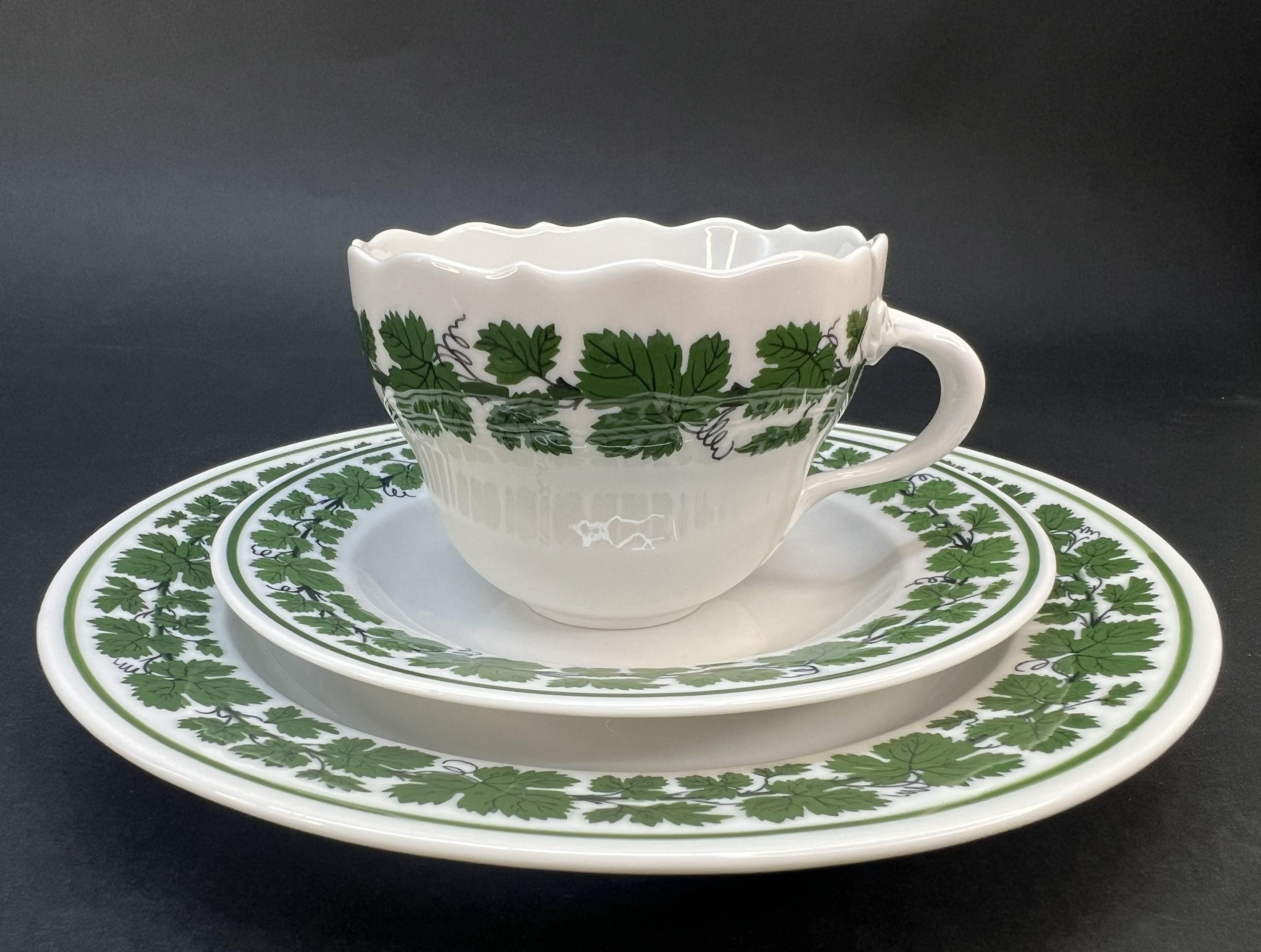 Meissen Green Ivy Tea Trio, 1952 Hand Painted Porcelain, Elegant
