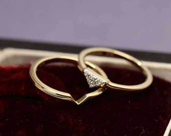 Or jaune massif 9k Ensemble de 2 Bagues double bague sertie de 6 petits diamants naturels 0,03ct taille 52 alliance alliances pour femme