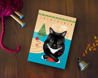 Tuxedo Black Cat Christmas Card 6-Pack