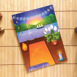 May include: A colorful illustration of a yoga studio with a lit candle, incense, a plant, and a yoga mat. The background shows a sunset over a body of water with a string of lights.