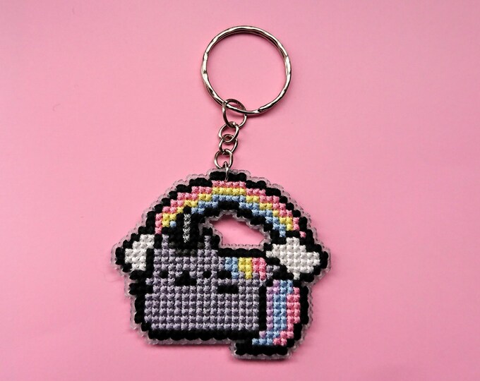 Pusheen Unicorn Keychain Cross Stitch Inspired Double Sided Etsy