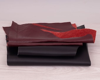 Leather pieces, Red&Black 450gr. (1lb) For shoe making, slipper sole and DIY projects.