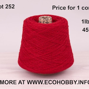 Peut inclure: Un cône de fil rouge, étiqueté "Lot 252", pesant 1 lb (450g). Le texte "Prix pour 1 cône !" est également visible.