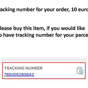 May include: A white box with a red border displays a tracking number, "785005280643", and the text "TRACKING NUMBER". The box also includes a small icon of a clipboard with a piece of paper.