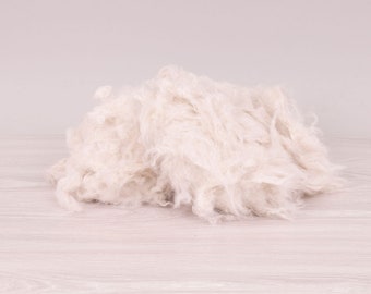 May include: A pile of soft, off-white fiber material. The fibers are loosely arranged, creating a fluffy, textured appearance. The material appears to be natural, possibly wool or a similar textile fiber. The background is a light, neutral color.