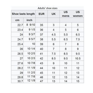 May include: A chart titled "Adults' shoe sizes" with columns for shoe length in centimeters and inches, EUR, UK, US men's, and US women's sizes. The chart provides a size conversion guide for footwear.