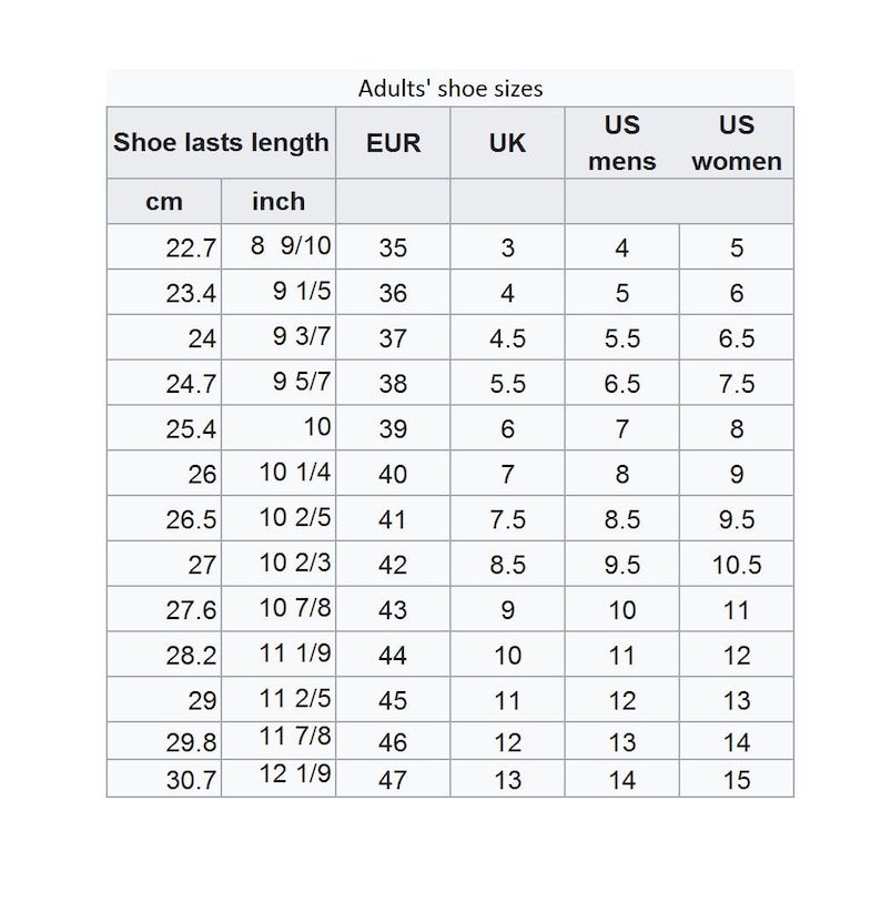 May include: A chart titled "Adults' shoe sizes" with columns for shoe length in centimeters and inches, EUR, UK, US men's, and US women's sizes. The chart provides a size conversion guide for footwear.