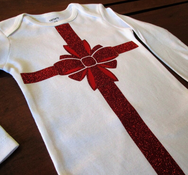 Christmas Present Glitter Bow Baby Onesie Baby Shower Gift Christmas Baby Onesie