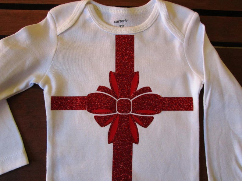 Christmas Present Glitter Bow Baby Onesie Baby Shower Gift Christmas Baby Onesie
