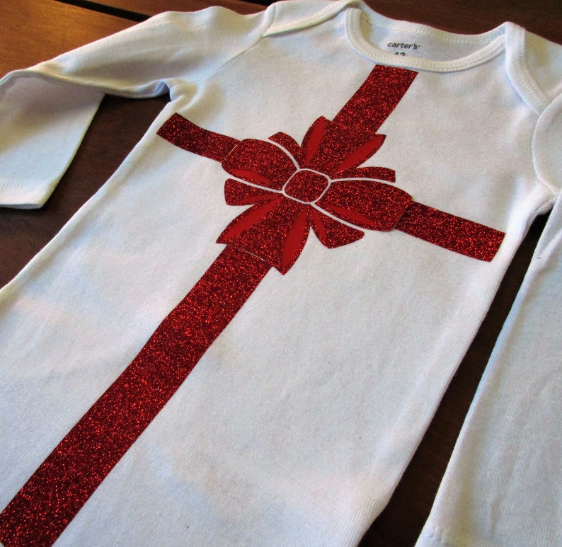 Christmas Present Glitter Bow Baby Onesie Baby Shower Gift Christmas Baby Onesie