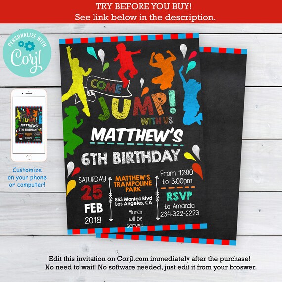 Jump invitation for boy - Jump Birthday Invitation - Bounce Birthday Invitation - Let's Jump - Edit on Corjl #DPI14144 Il_570xn