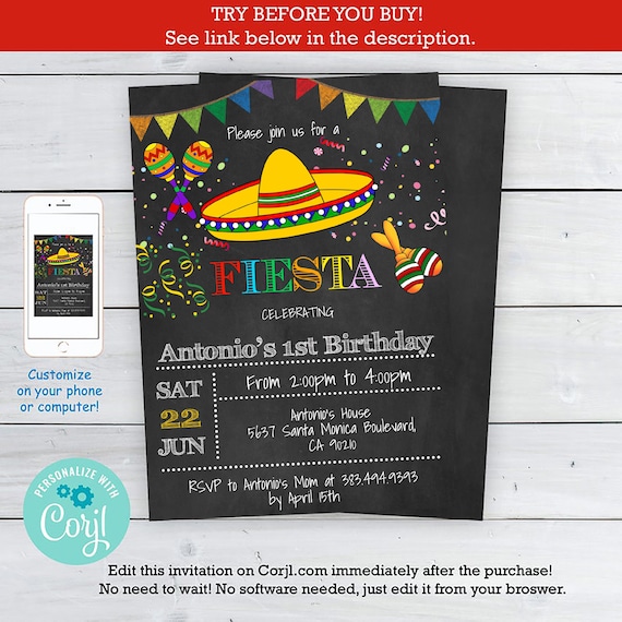 Birthday Mexican Fiesta Party Invitations - Printable Kid's Mexican Fiesta Invitation - Fiesta Party - Mexican - DIY Party Invitation Il_570xn