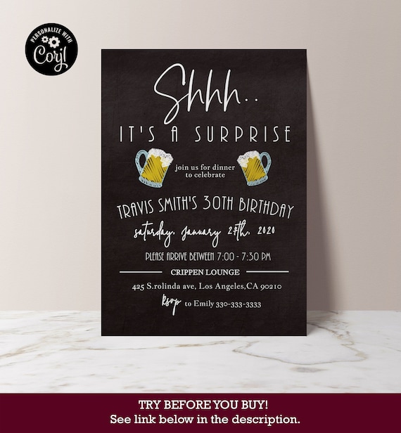 Surprise Birthday Party Invitations Beer Invite Mens Black And White Printable Diy Instant Download Editable Text With Corjl By Diy Party Invitation Catch My Party