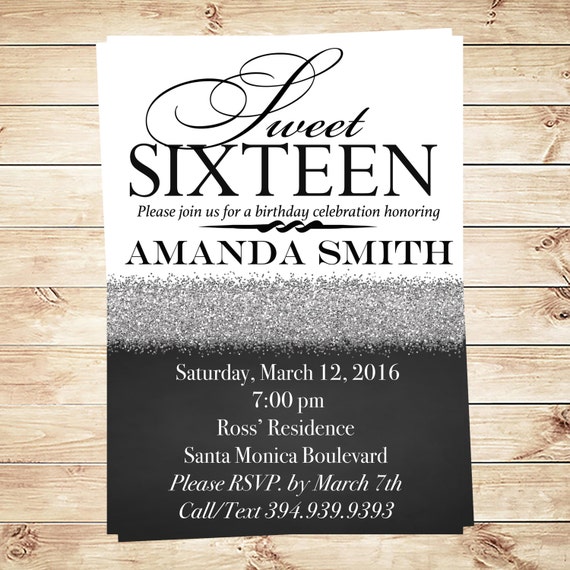 Items similar to Silver Glitter Sweet 16 Birthday Party Invitation