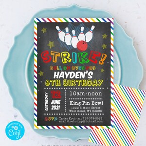 Bowling Birthday Party Invitations - Boys Bowling Party Invitations - Strike Bowling invitations - Edit on Corjl #DPI91319041