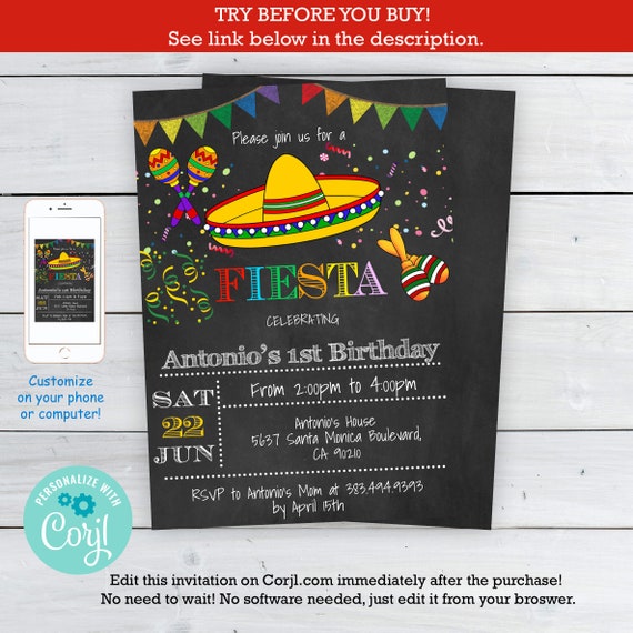 Birthday Mexican Fiesta Party Invitations - Printable Kid's Mexican Fiesta Invitation - Fiesta Party - Mexican - DIY Party Invitation Il_570xn