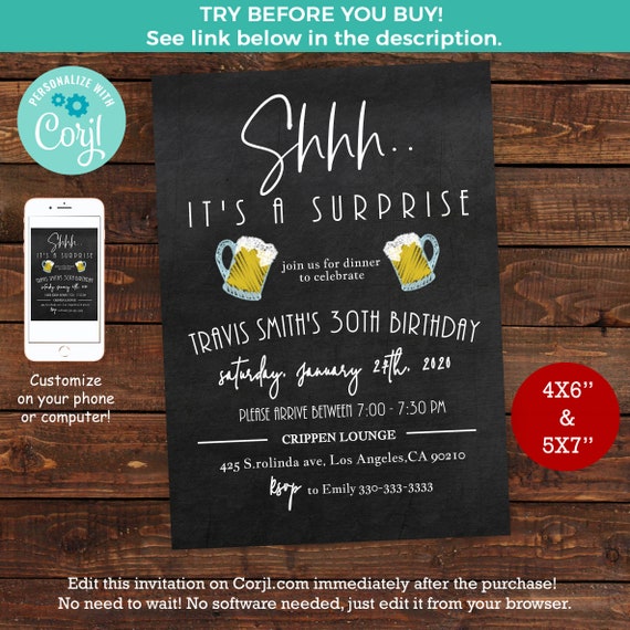 Surprise Birthday Party Invitations Beer Invite Mens Black and White Printable DIY Instant Download Editable Text with Corjl Il_570xn