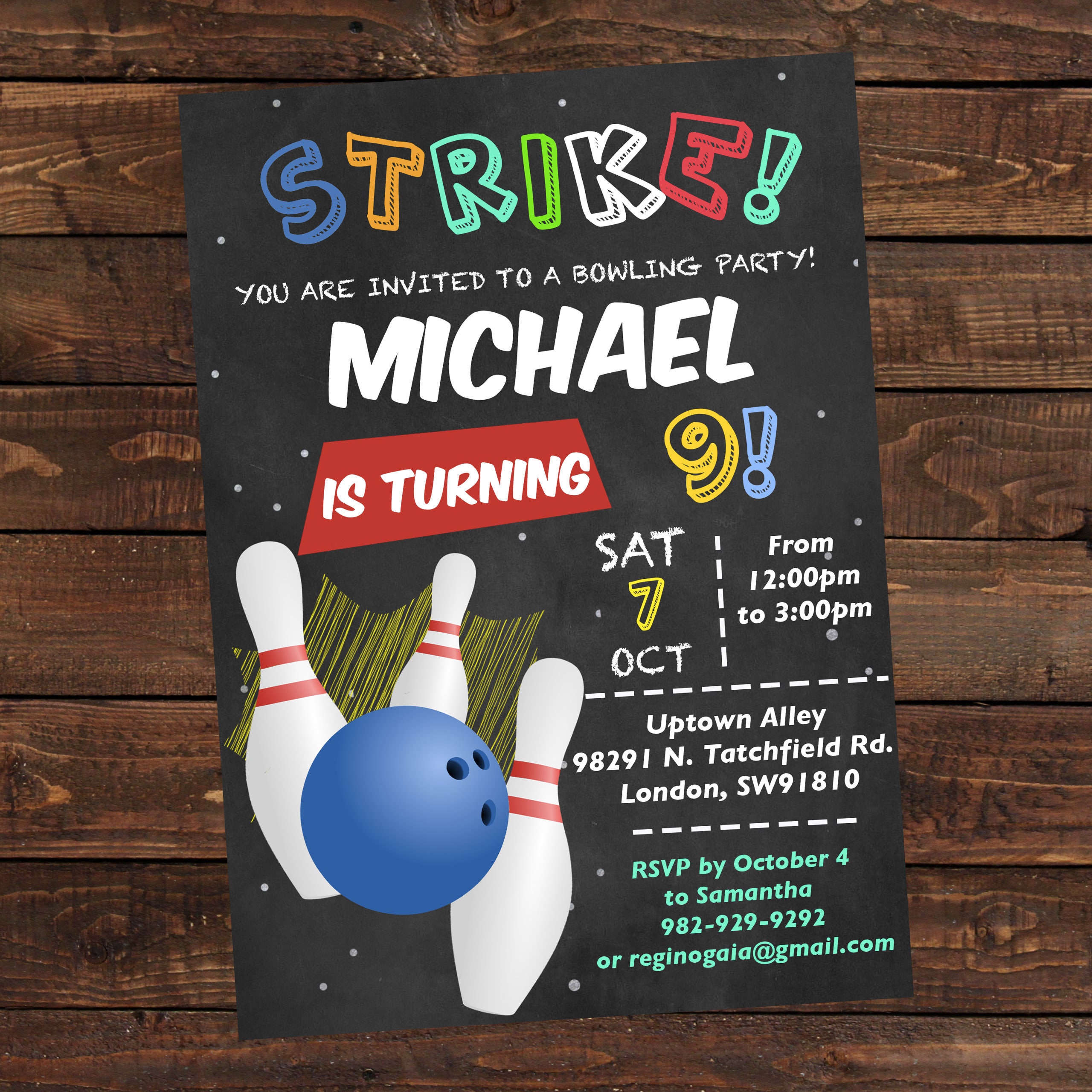 Bowling Birthday Invitation Boy Printable Bowling Invitation Etsy