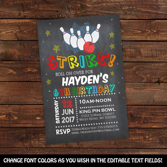 Bowling invitation - Bowling Birthday Party Invitation on Chalkboard - Boy Bowling Birthday Invites - PDF Instant Download #DPI91391I103 Il_570xn