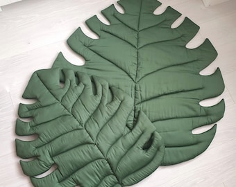 Set of 2 monstera shaped rugs Monstera leaf play mat Tropical living room decor Botanical nursery decor Floor decor Green palm leaf carpet