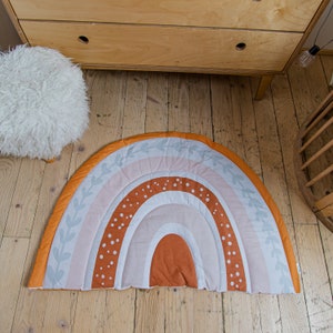 Rainbow shape play mat Boho nursery decoration Quilted activity rug Mustard and beige cotton mat Baby shower gift Rainbows decoration