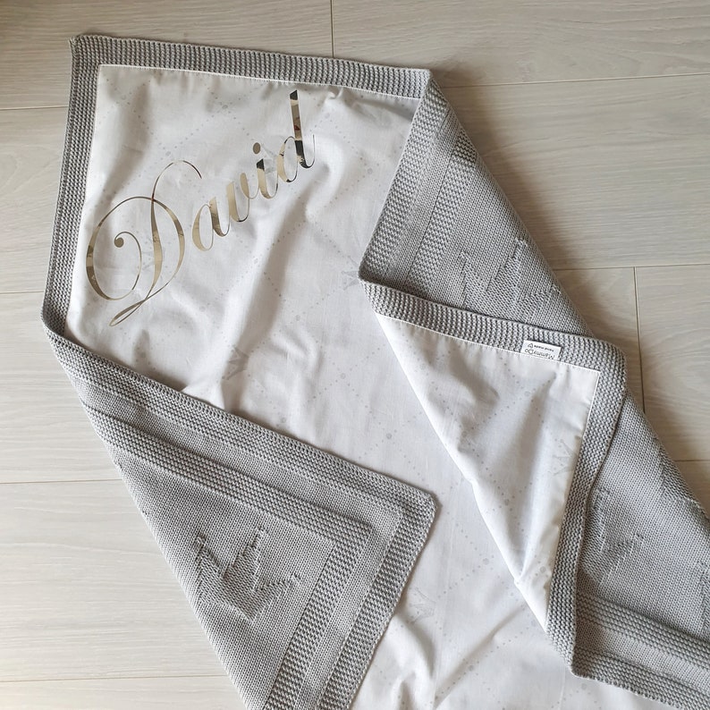 Grey Knitted Crown Baby Blanket Personalized Swaddle Blanket Etsy